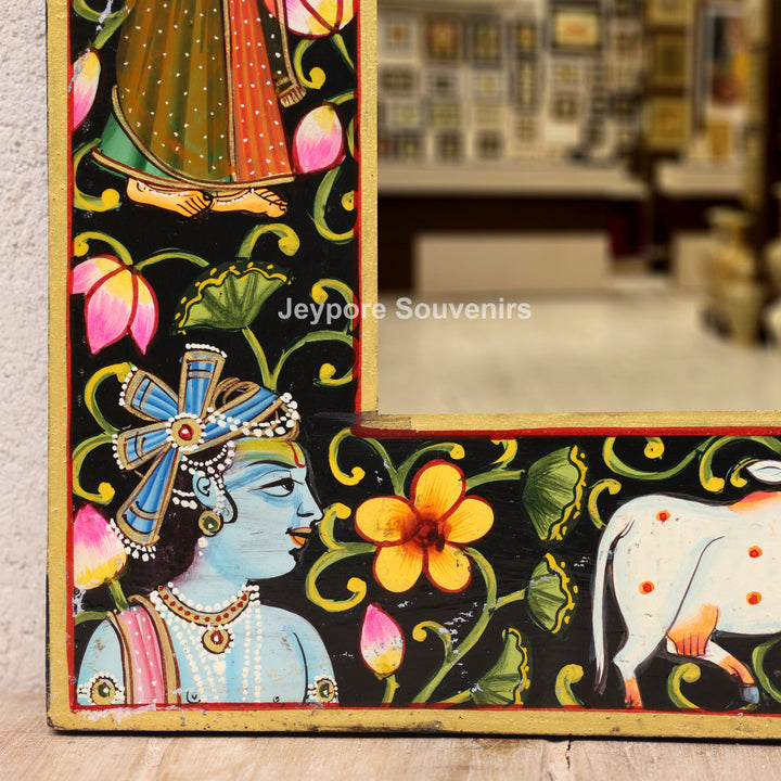Hand-Painted Black Pichwai Radha Krishna Wooden Jharokha Wall Mirror