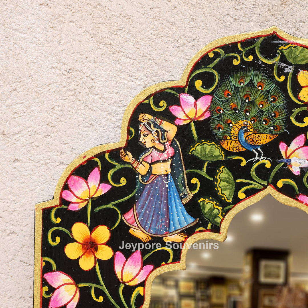 Hand-Painted Black Pichwai Radha Krishna Wooden Jharokha Wall Mirror