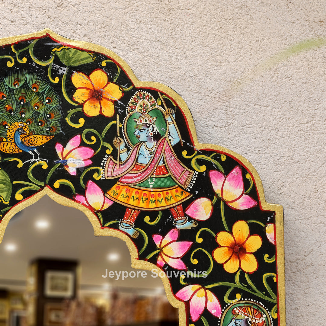 Hand-Painted Black Pichwai Radha Krishna Wooden Jharokha Wall Mirror