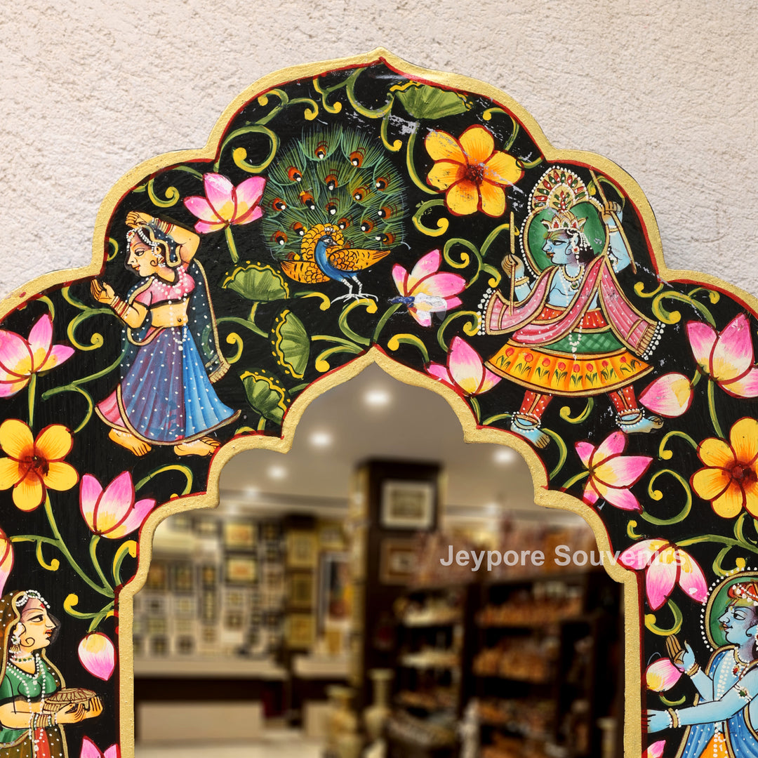 Hand-Painted Black Pichwai Radha Krishna Wooden Jharokha Wall Mirror