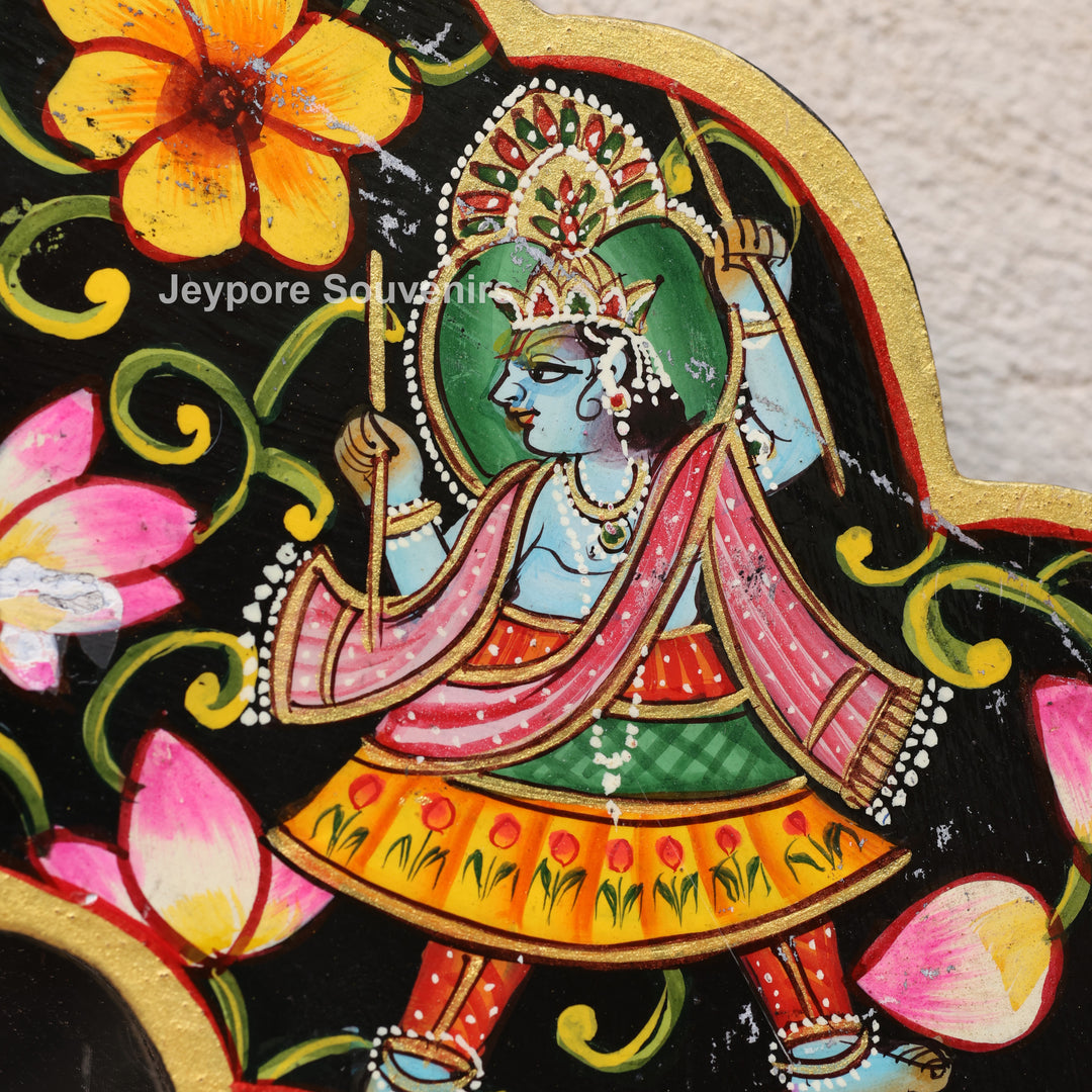 Hand-Painted Black Pichwai Radha Krishna Wooden Jharokha Wall Mirror
