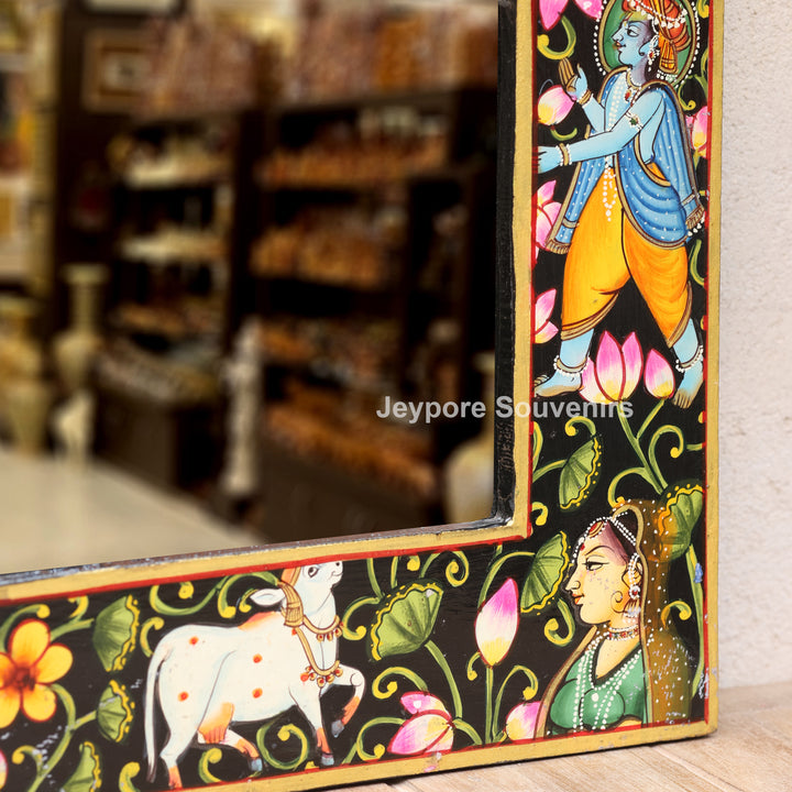 Hand-Painted Black Pichwai Radha Krishna Wooden Jharokha Wall Mirror