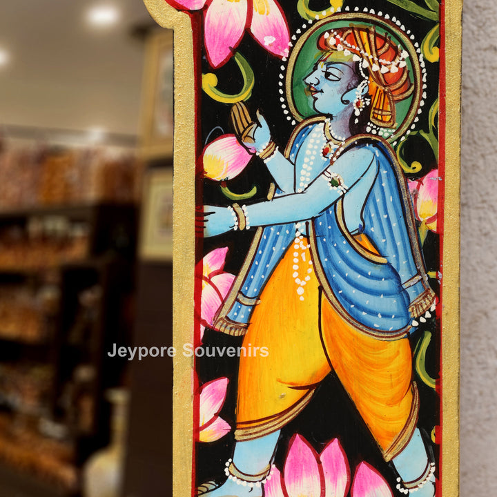 Hand-Painted Black Pichwai Radha Krishna Wooden Jharokha Wall Mirror