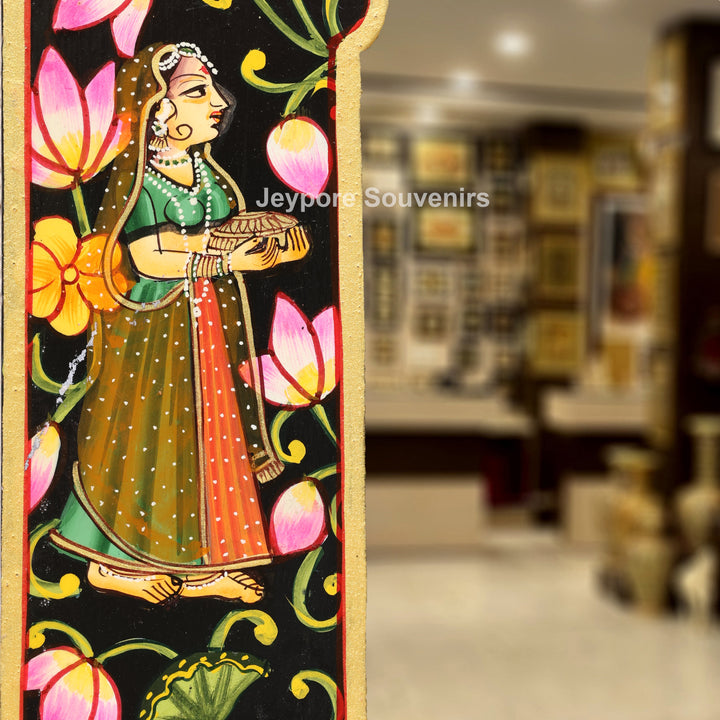 Hand-Painted Black Pichwai Radha Krishna Wooden Jharokha Wall Mirror