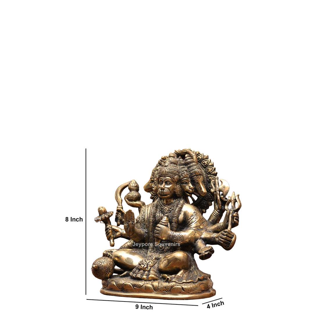 8" Handcrafted Brass 5 Face Hanuman Idol with Antique Finish