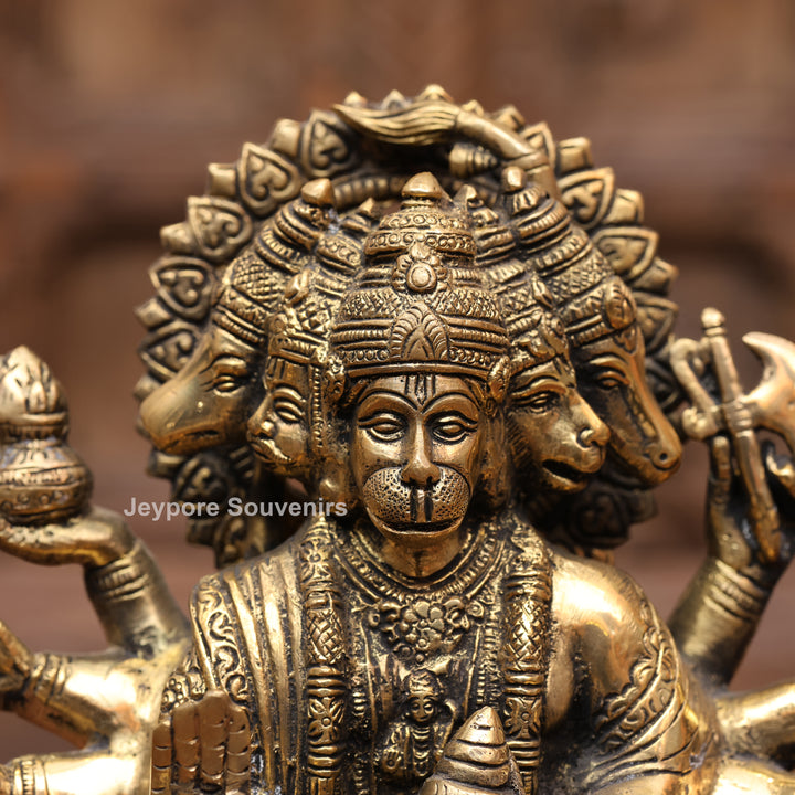 8" Handcrafted Brass 5 Face Hanuman Idol with Antique Finish