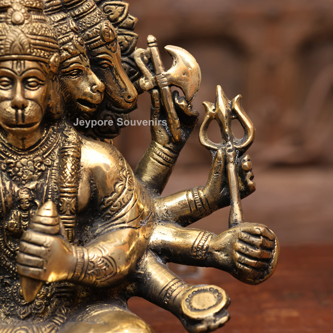 8" Handcrafted Brass 5 Face Hanuman Idol with Antique Finish