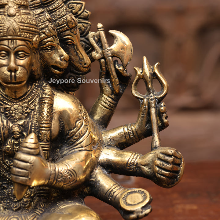 8" Handcrafted Brass 5 Face Hanuman Idol with Antique Finish
