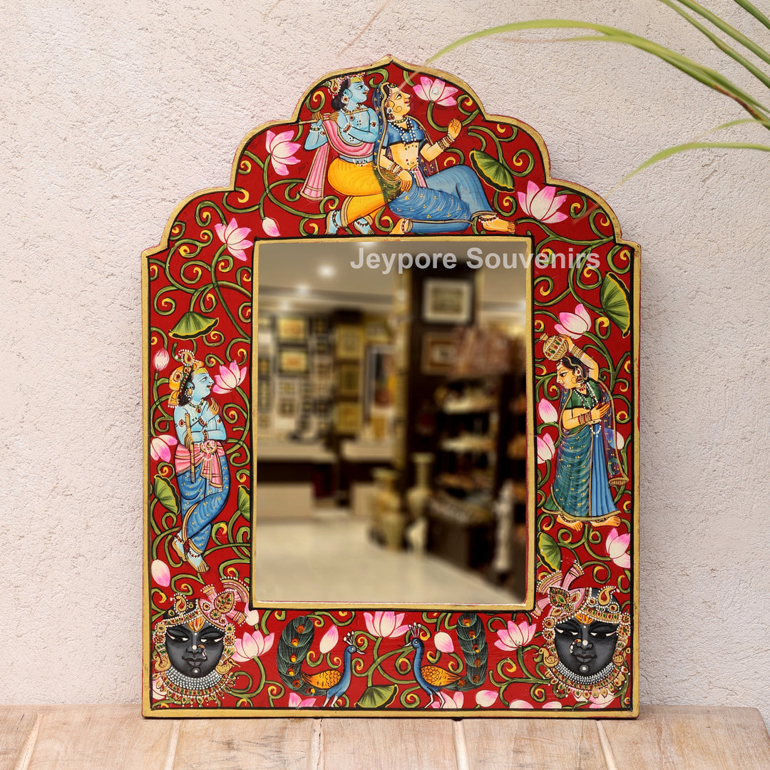 Hand-Painted Radha Krishna &amp; Shrinath Ji Wooden Jharokha Wall Mirror