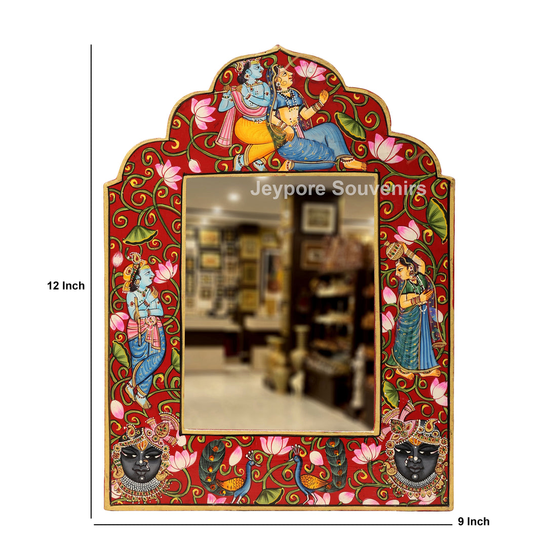Hand-Painted Radha Krishna &amp; Shrinath Ji Wooden Jharokha Wall Mirror