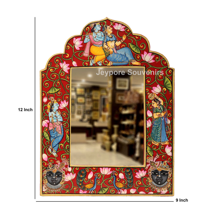 Hand-Painted Radha Krishna &amp; Shrinath Ji Wooden Jharokha Wall Mirror