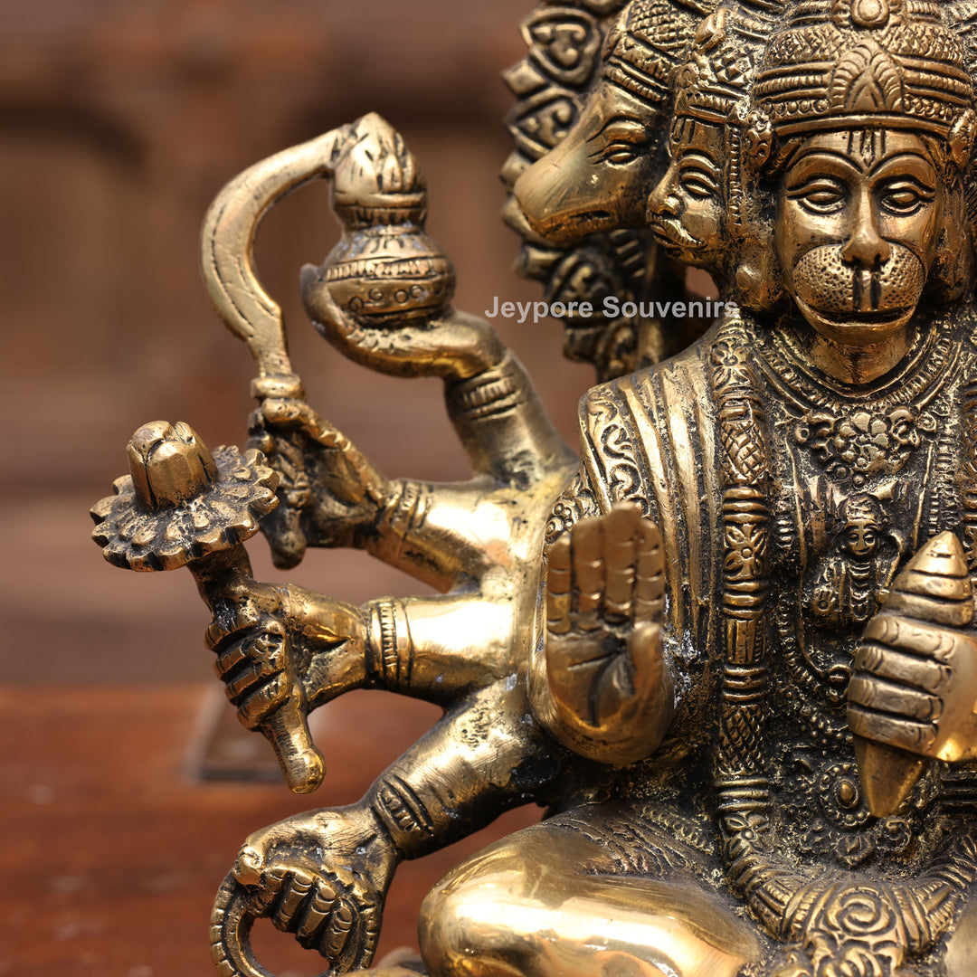 8" Handcrafted Brass 5 Face Hanuman Idol with Antique Finish