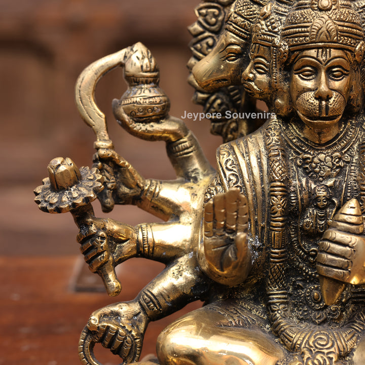 8" Handcrafted Brass 5 Face Hanuman Idol with Antique Finish