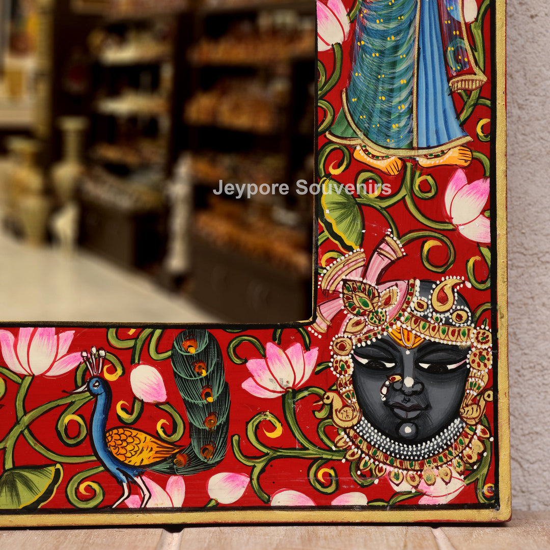 Hand-Painted Radha Krishna &amp; Shrinath Ji Wooden Jharokha Wall Mirror