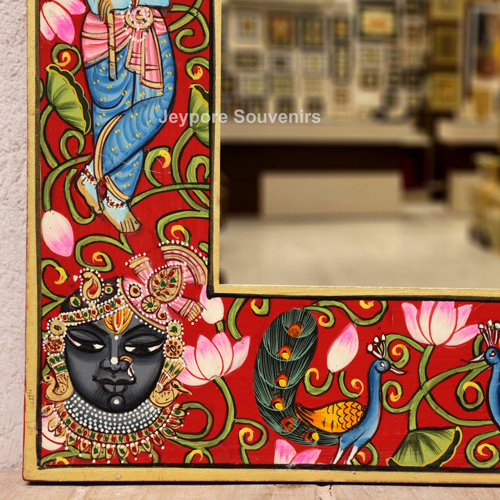 Hand-Painted Radha Krishna &amp; Shrinath Ji Wooden Jharokha Wall Mirror