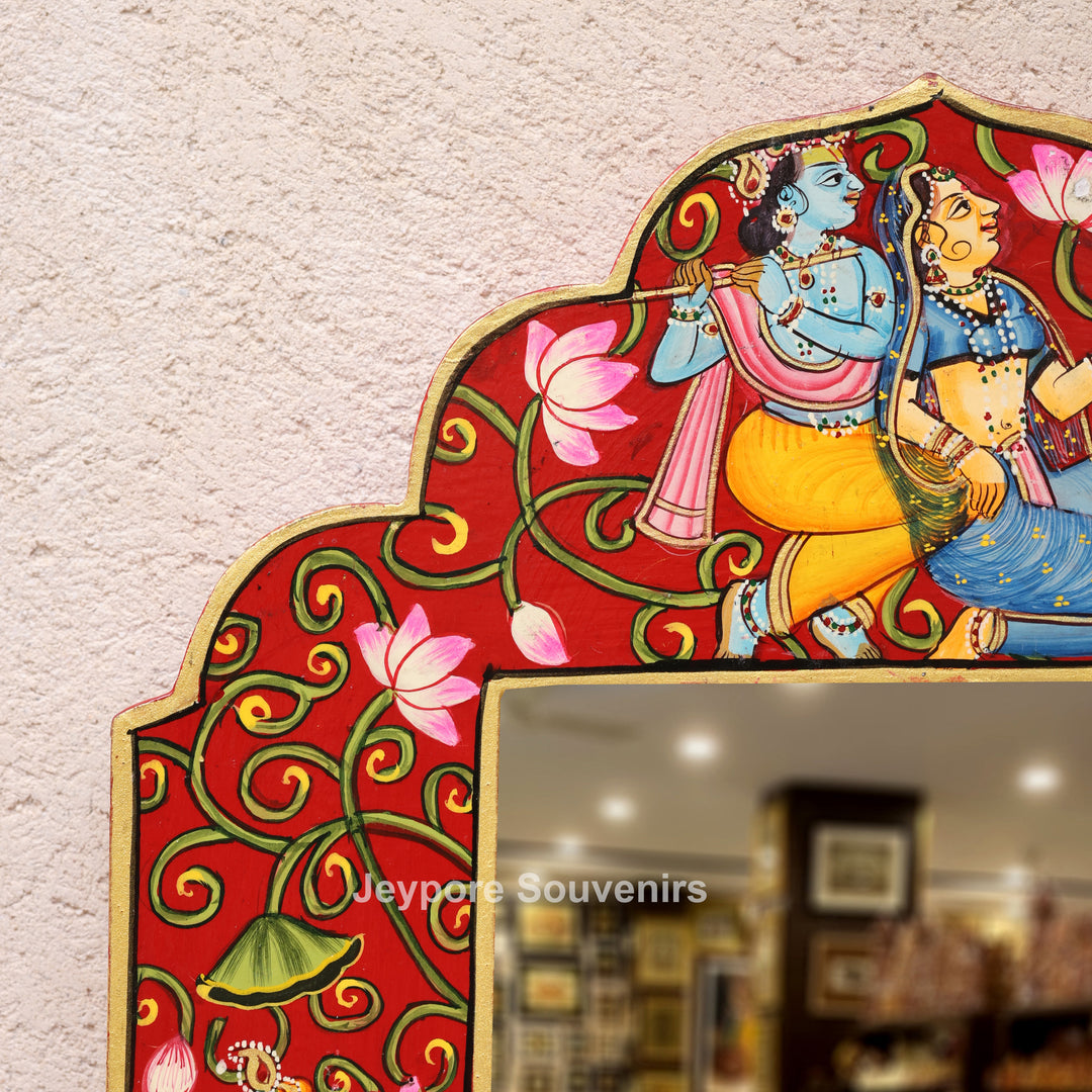 Hand-Painted Radha Krishna &amp; Shrinath Ji Wooden Jharokha Wall Mirror
