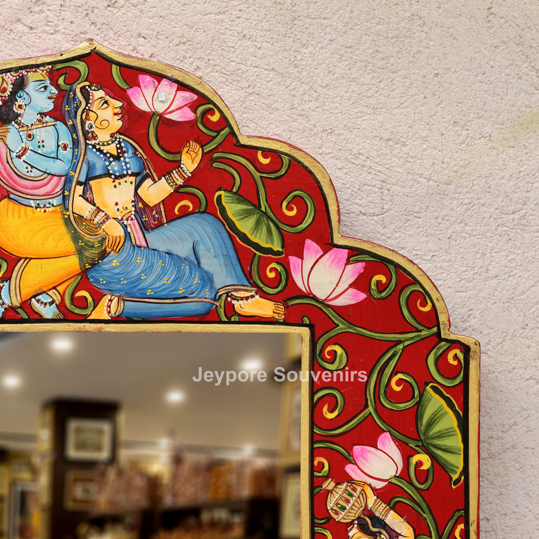 Hand-Painted Radha Krishna &amp; Shrinath Ji Wooden Jharokha Wall Mirror