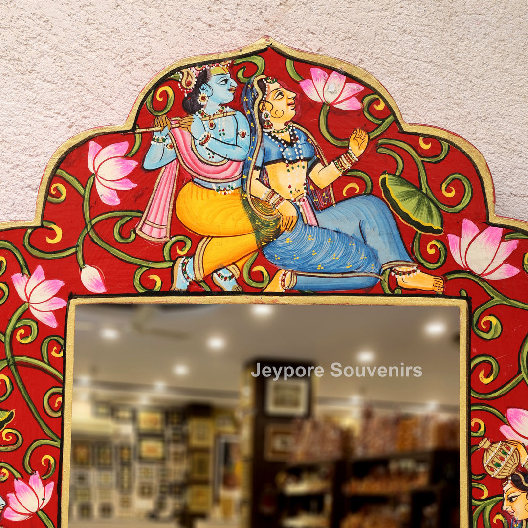 Hand-Painted Radha Krishna &amp; Shrinath Ji Wooden Jharokha Wall Mirror