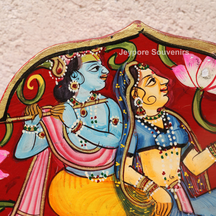 Hand-Painted Radha Krishna &amp; Shrinath Ji Wooden Jharokha Wall Mirror