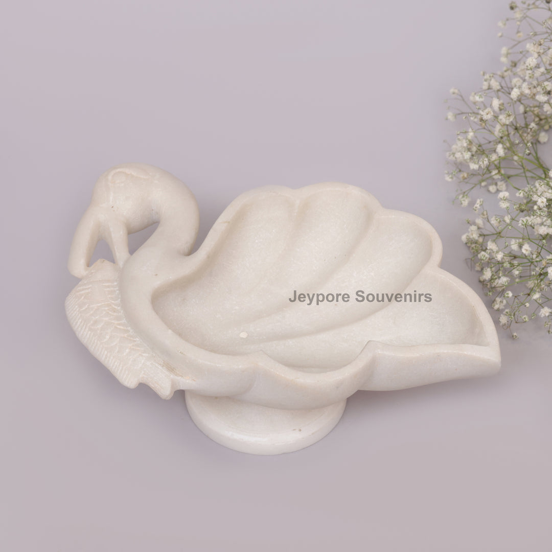Handcrafted White Marble Swan-Shaped Urli Bowl with Pedestal Base