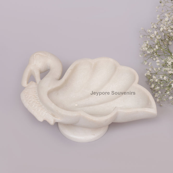 Handcrafted White Marble Swan-Shaped Urli Bowl with Pedestal Base