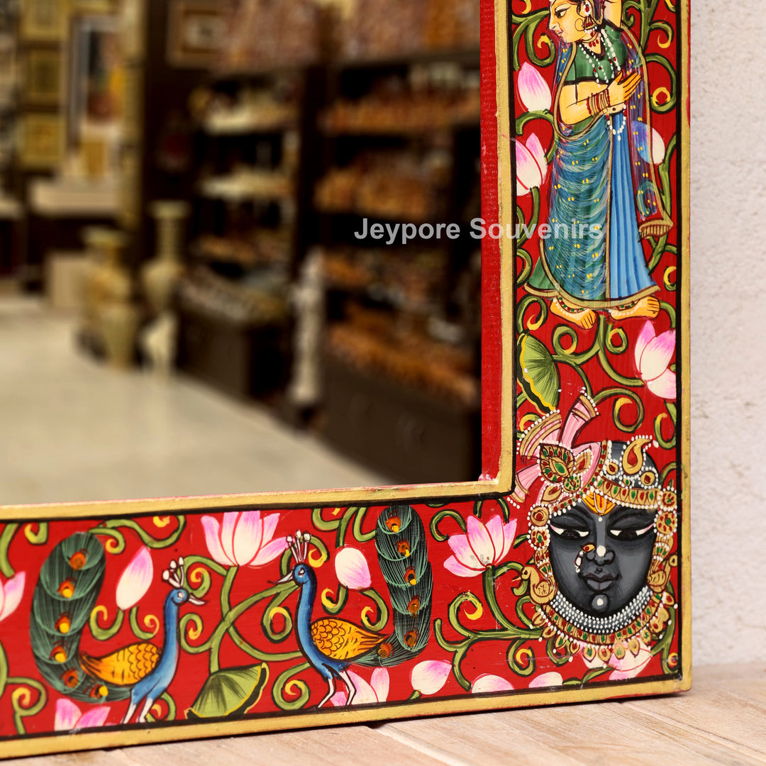 Hand-Painted Radha Krishna &amp; Shrinath Ji Wooden Jharokha Wall Mirror