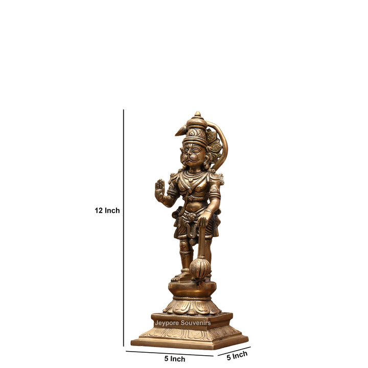 12" Handcrafted Brass Standing Hanuman Statue with Gada