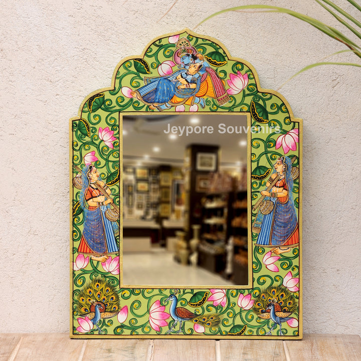 Handcrafted Radha Krishna Pichwai Wooden Jharokha Wall Mirror