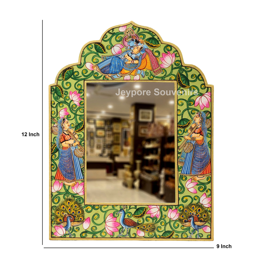 Handcrafted Radha Krishna Pichwai Wooden Jharokha Wall Mirror
