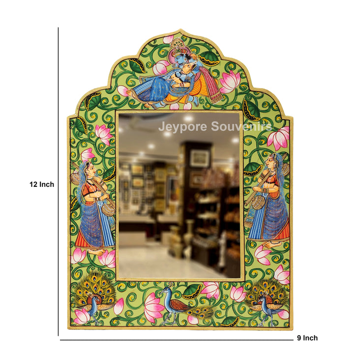Handcrafted Radha Krishna Pichwai Wooden Jharokha Wall Mirror