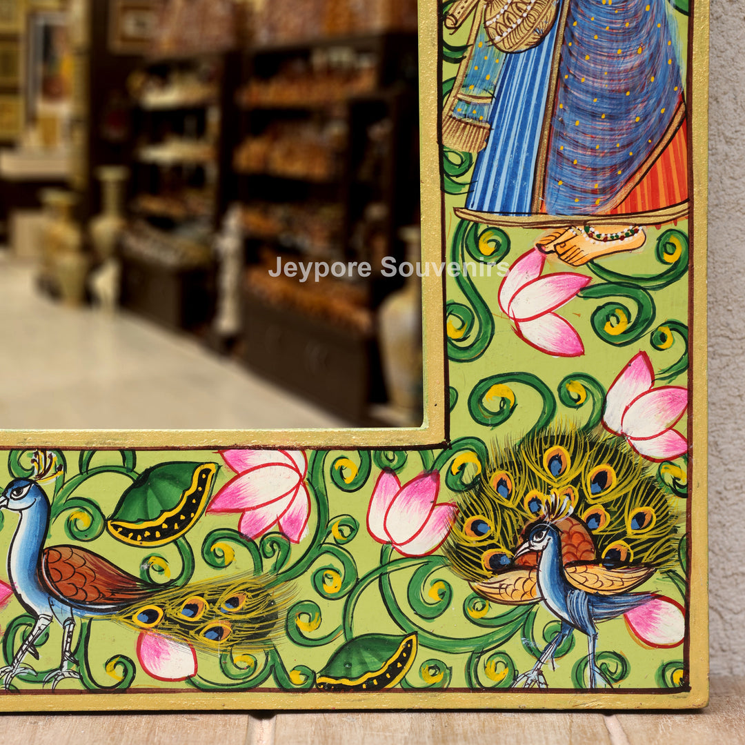 Handcrafted Radha Krishna Pichwai Wooden Jharokha Wall Mirror