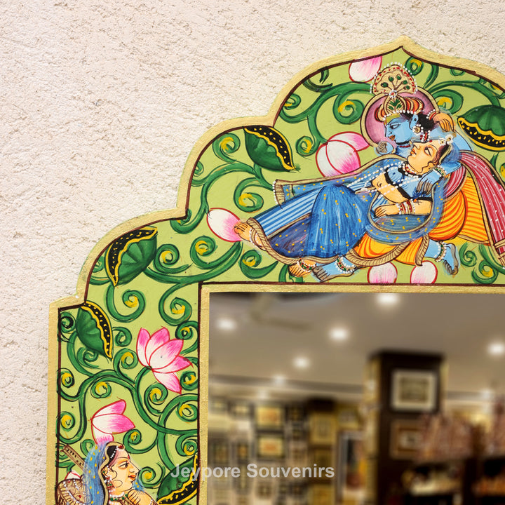 Handcrafted Radha Krishna Pichwai Wooden Jharokha Wall Mirror