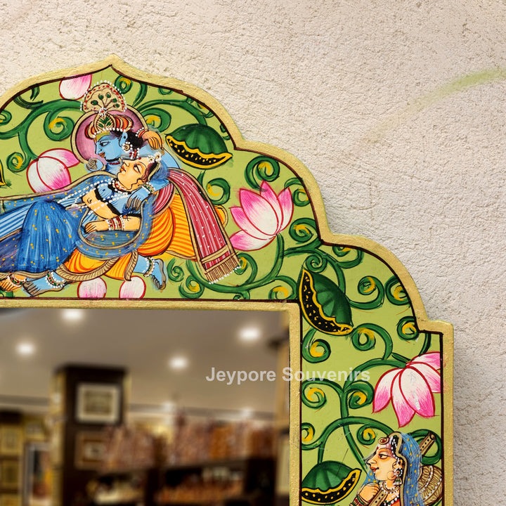 Handcrafted Radha Krishna Pichwai Wooden Jharokha Wall Mirror
