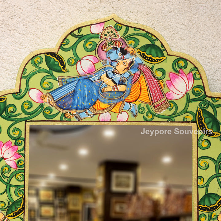 Handcrafted Radha Krishna Pichwai Wooden Jharokha Wall Mirror