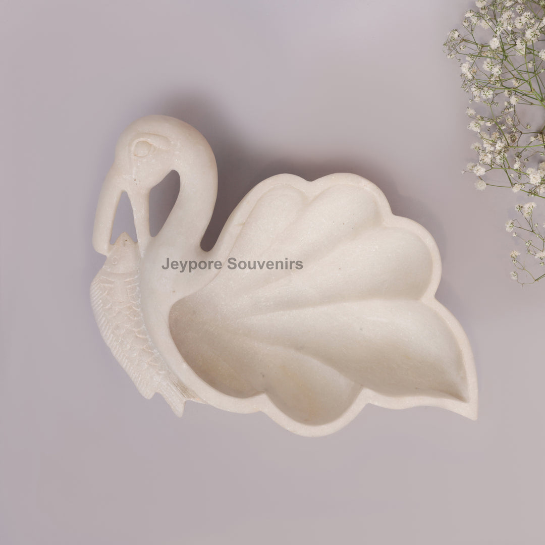 Handcrafted White Marble Swan-Shaped Urli Bowl with Pedestal Base