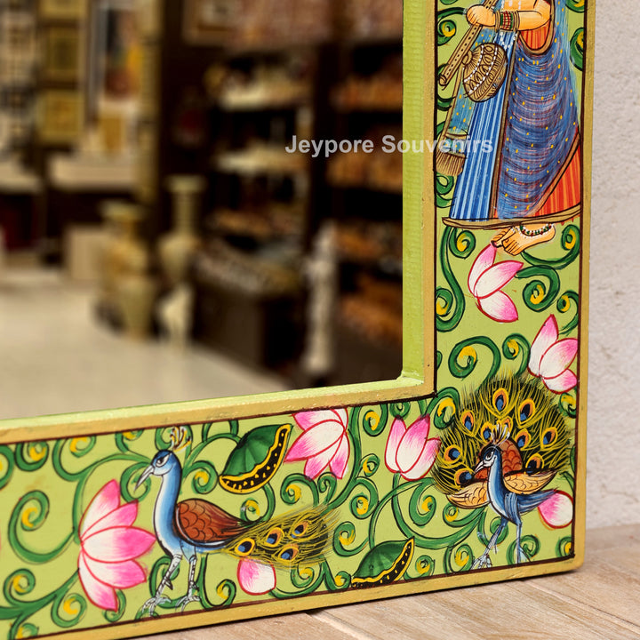 Handcrafted Radha Krishna Pichwai Wooden Jharokha Wall Mirror