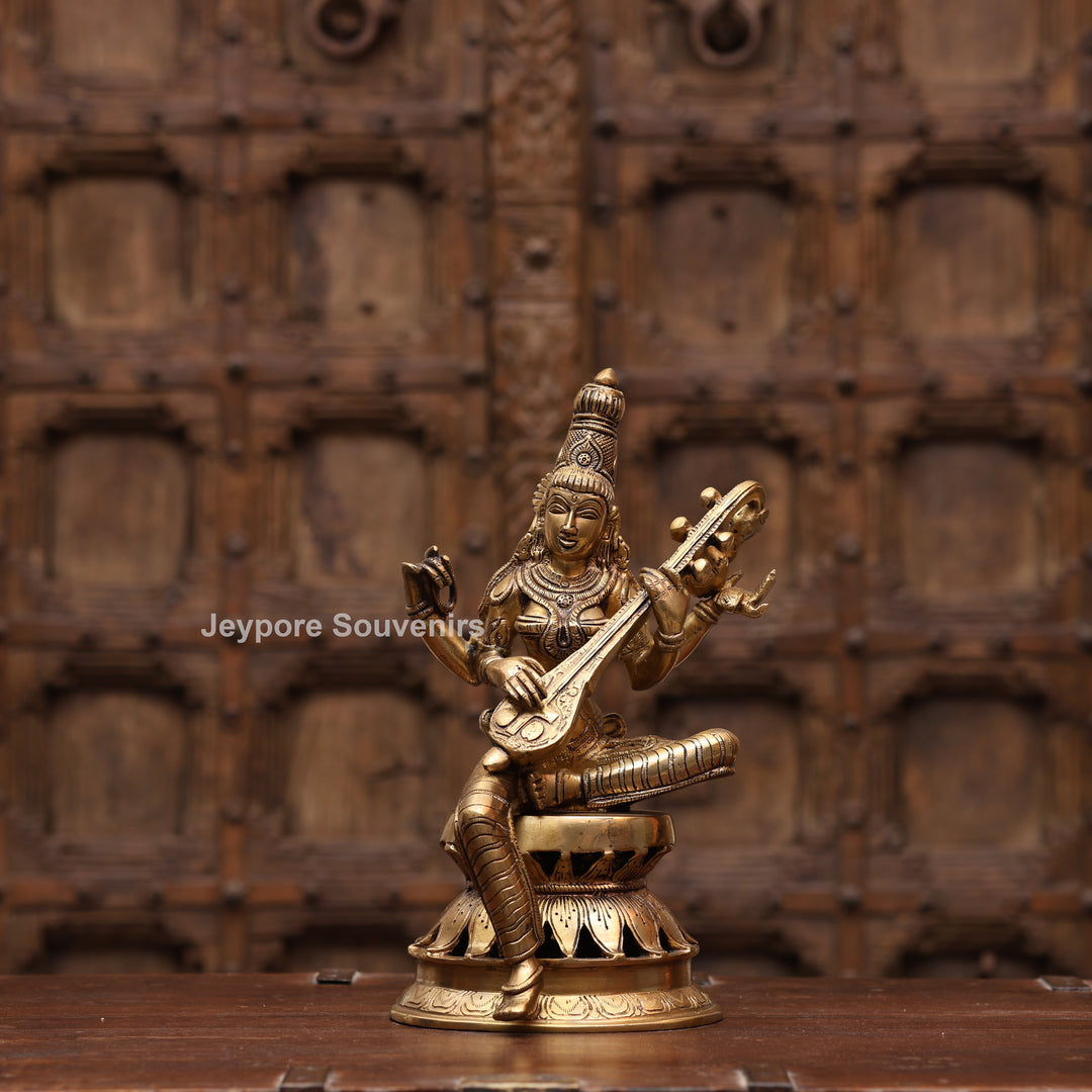 12" Handcrafted Brass Goddess Saraswati Statue (Veena Dharini Idol)