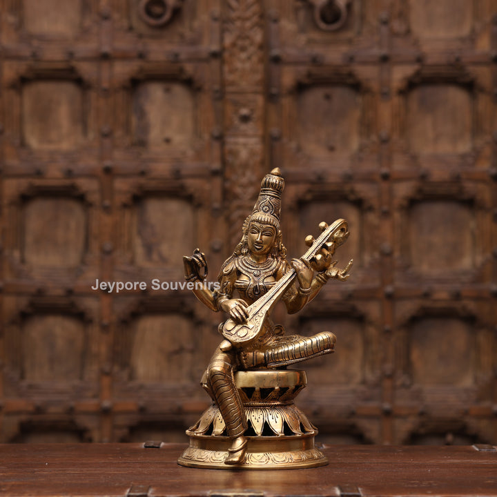12" Handcrafted Brass Goddess Saraswati Statue (Veena Dharini Idol)