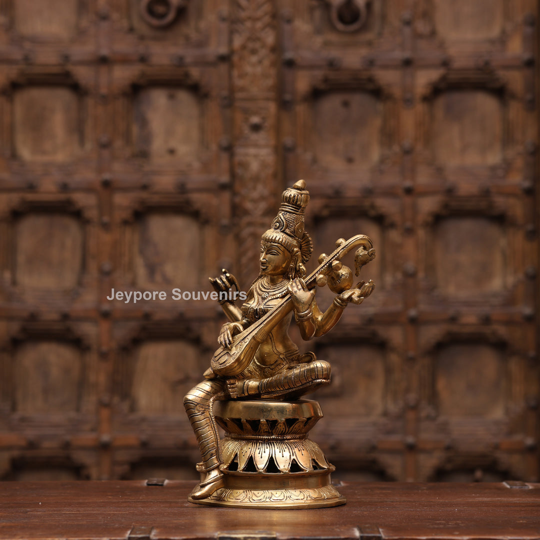 12" Handcrafted Brass Goddess Saraswati Statue (Veena Dharini Idol)