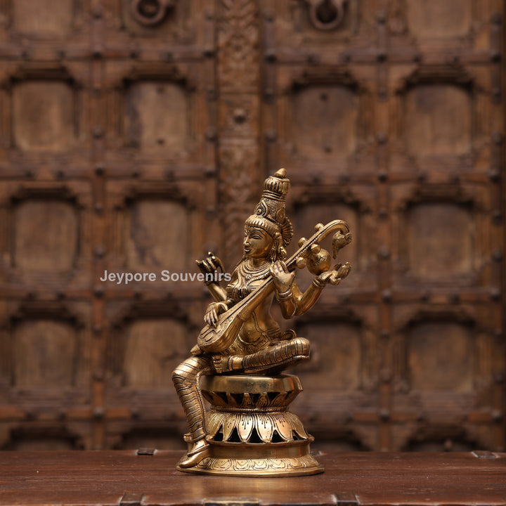 12" Handcrafted Brass Goddess Saraswati Statue (Veena Dharini Idol)