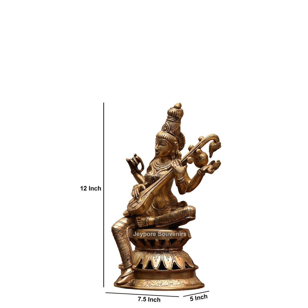 12" Handcrafted Brass Goddess Saraswati Statue (Veena Dharini Idol)
