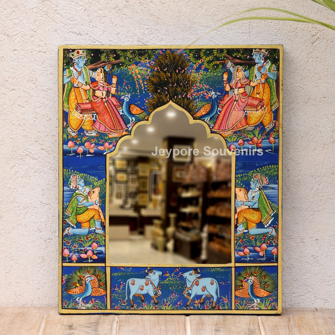 Handcrafted Radha Krishna Pichwai Wooden Jharokha Wall Mirror