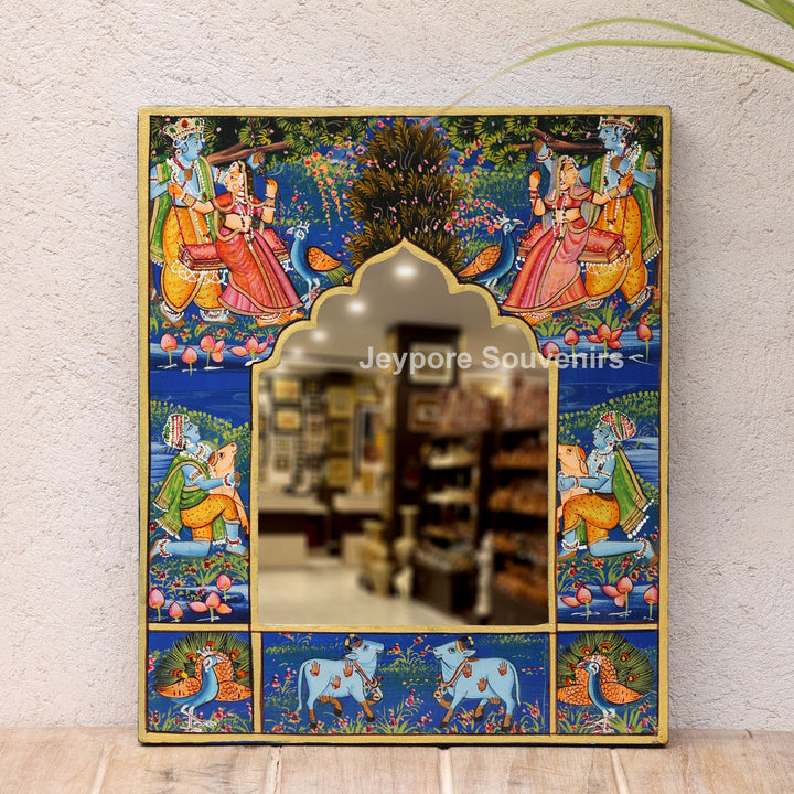 Handcrafted Radha Krishna Pichwai Wooden Jharokha Wall Mirror
