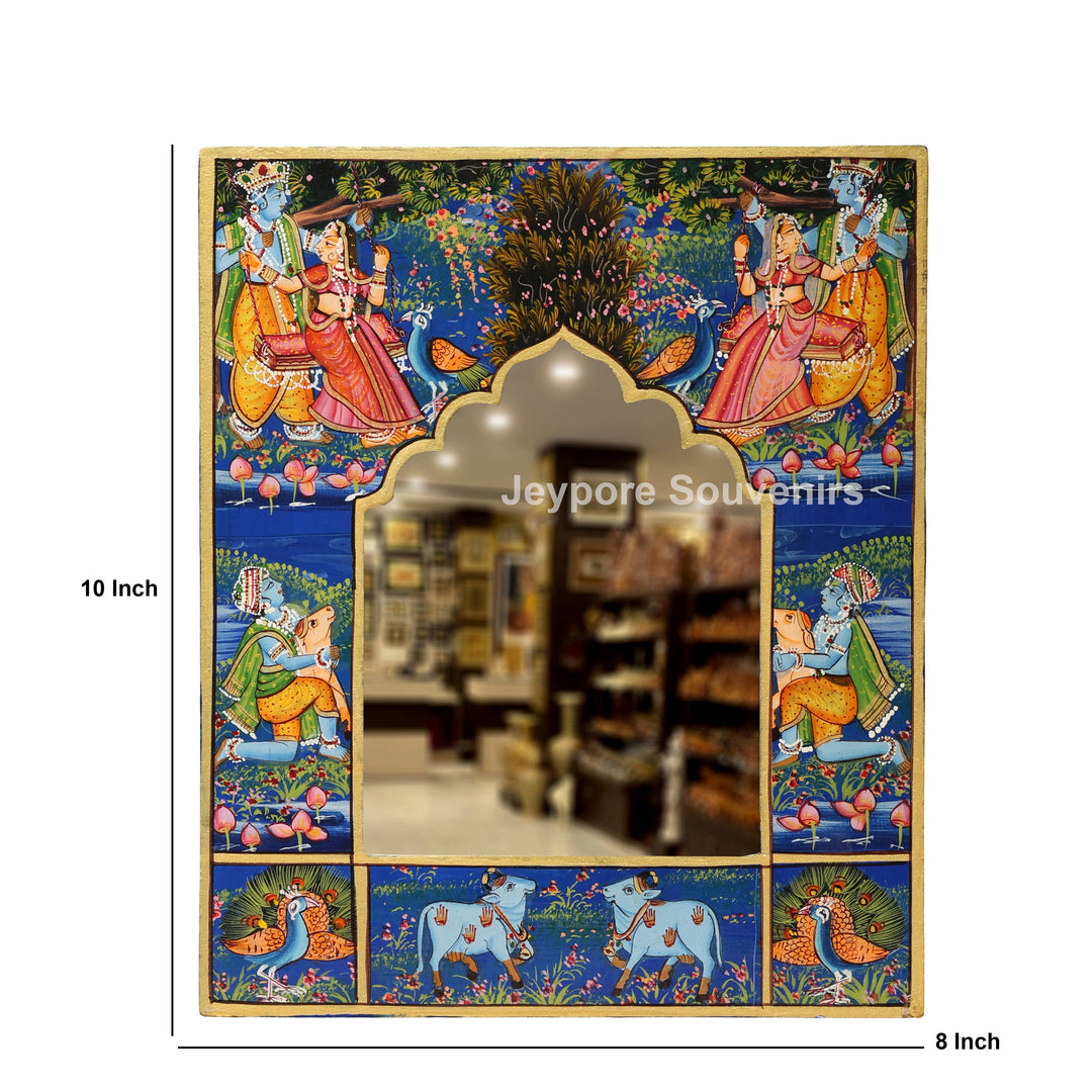 Handcrafted Radha Krishna Pichwai Wooden Jharokha Wall Mirror
