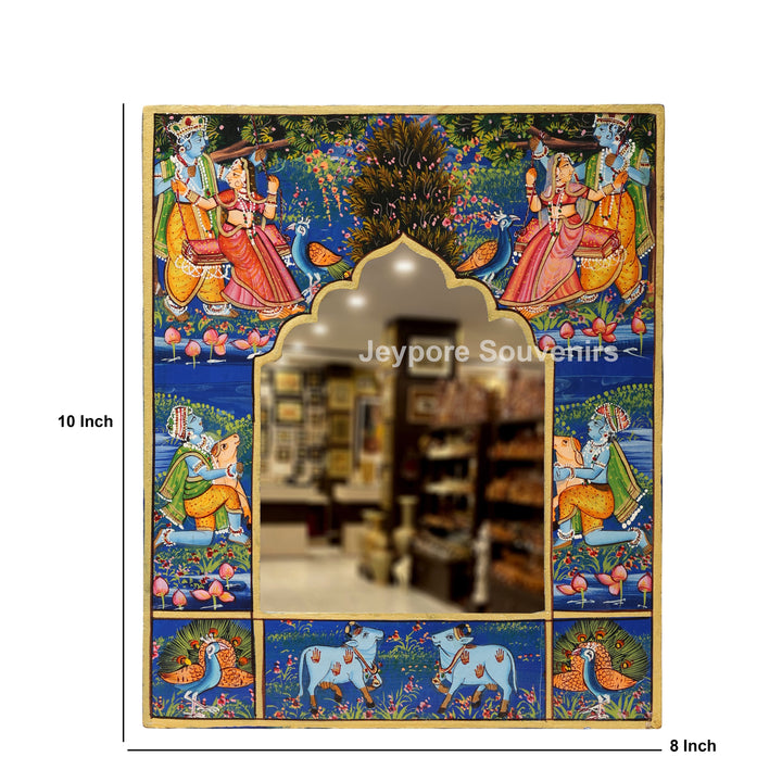 Handcrafted Radha Krishna Pichwai Wooden Jharokha Wall Mirror