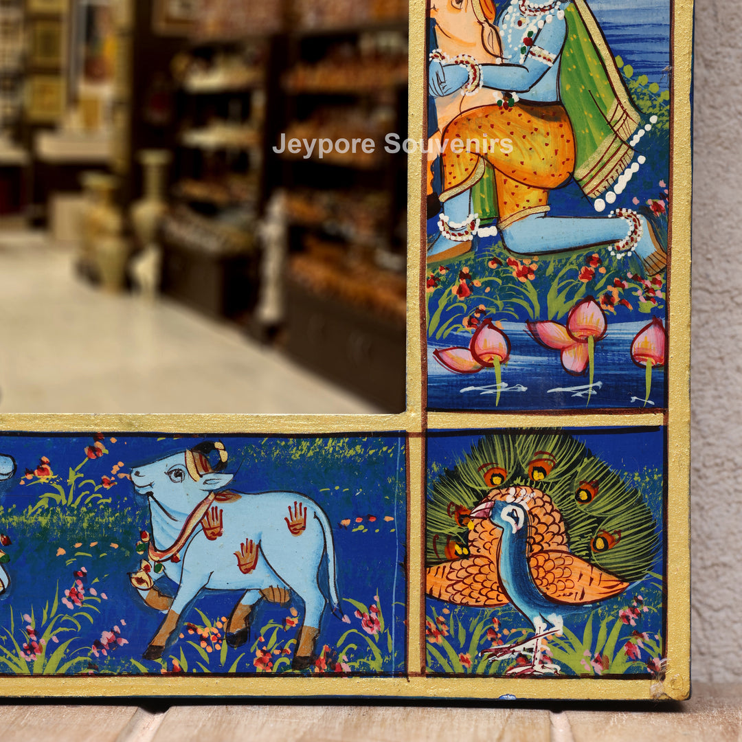 Handcrafted Radha Krishna Pichwai Wooden Jharokha Wall Mirror