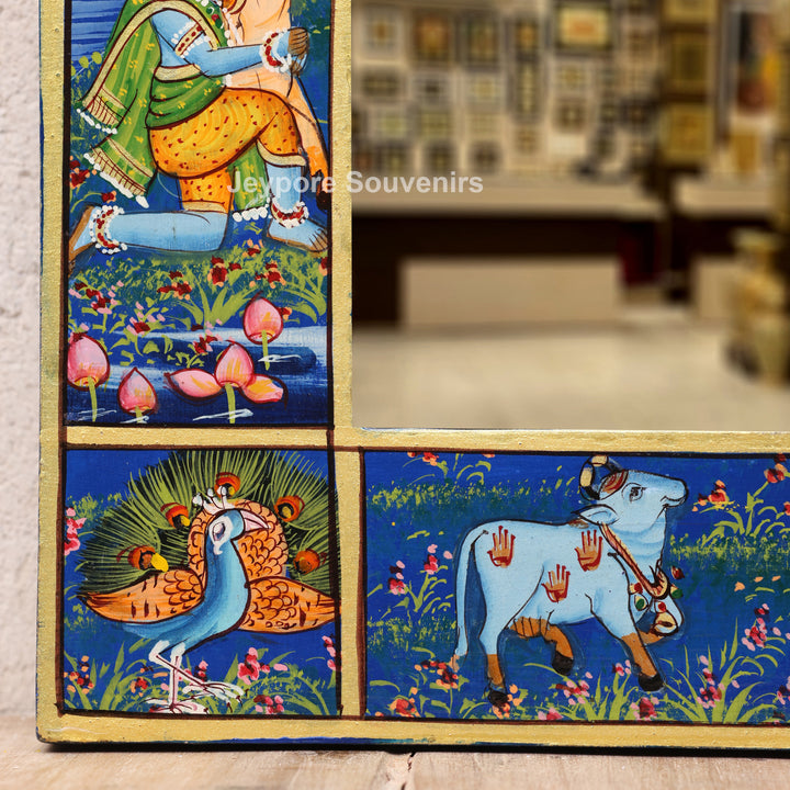 Handcrafted Radha Krishna Pichwai Wooden Jharokha Wall Mirror