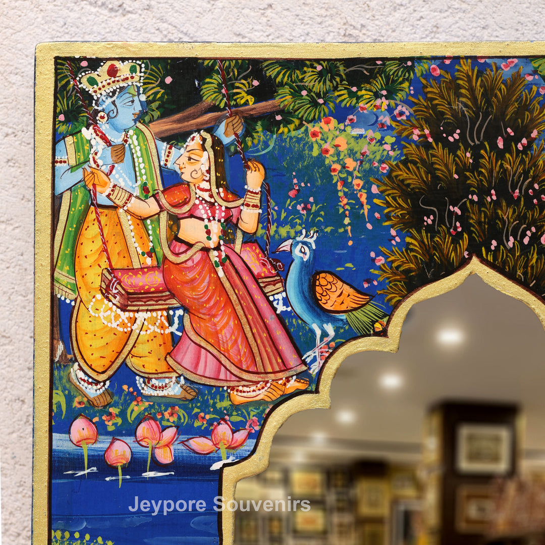 Handcrafted Radha Krishna Pichwai Wooden Jharokha Wall Mirror