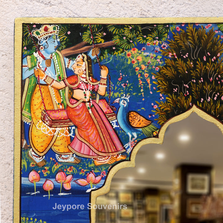 Handcrafted Radha Krishna Pichwai Wooden Jharokha Wall Mirror