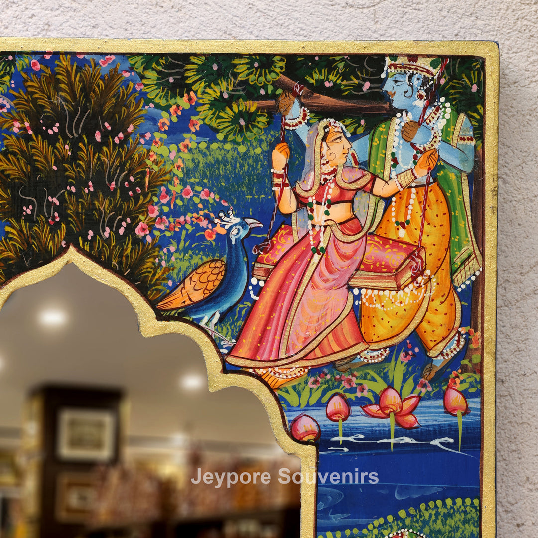 Handcrafted Radha Krishna Pichwai Wooden Jharokha Wall Mirror
